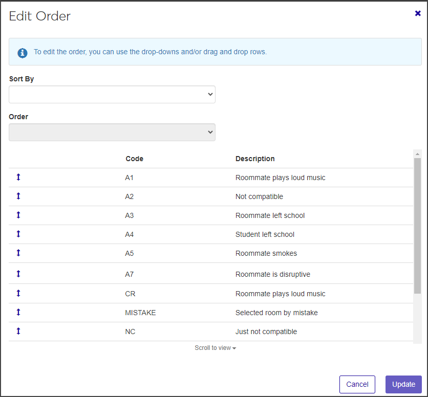 Room Change Reason Definitions - Edit Order drawer