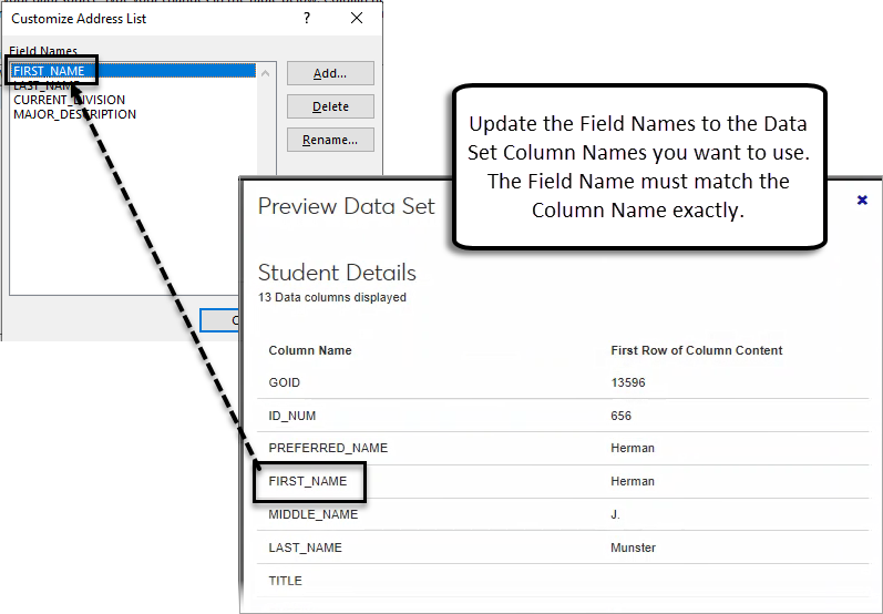 J1 Web data set preview with Column Names selected for the Word Field Name.