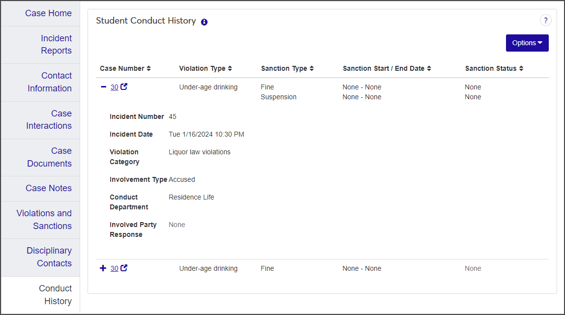 Case summary page - Conduct History tab