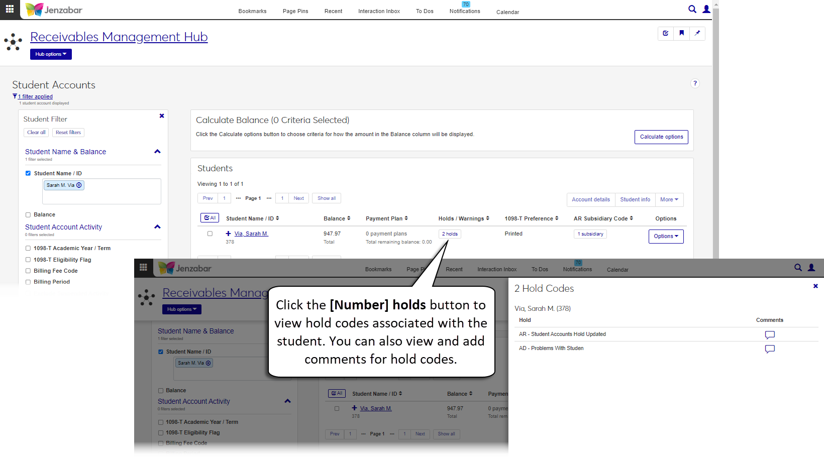 Student accounts page, hold details pop-up.