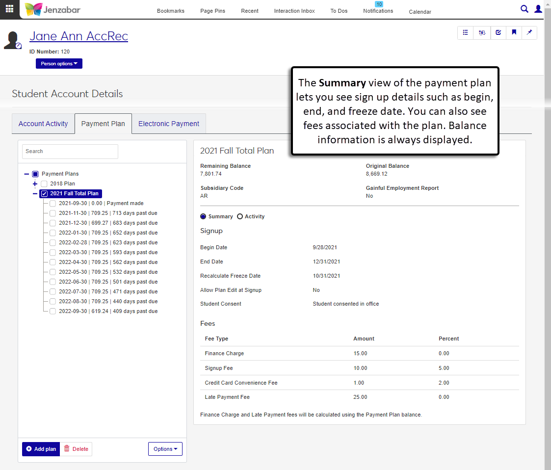 Student Account Details page, Payment Plan tab in the Summary view. Sign up and Fee information are displayed.