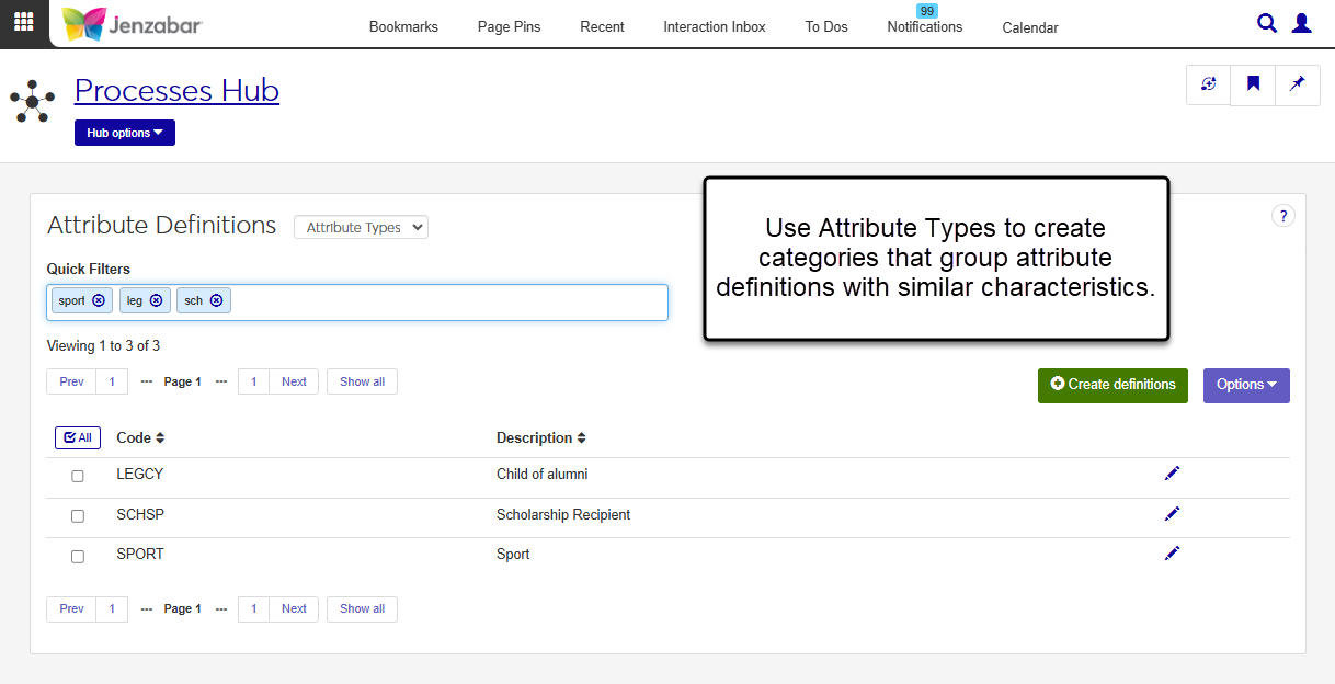 Attribute Type definition list page.