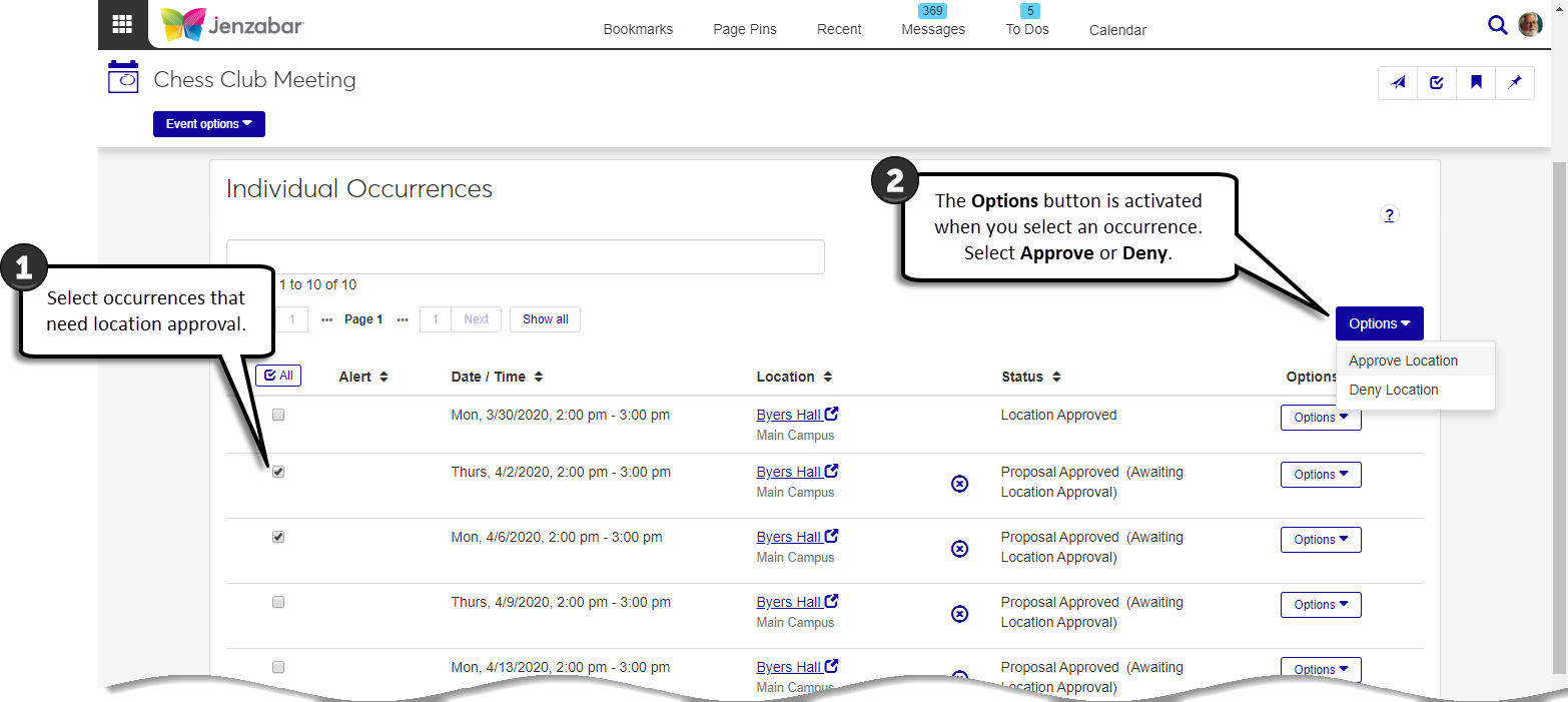 Manage Event Occurrences page with explanations for multiple location approvals.