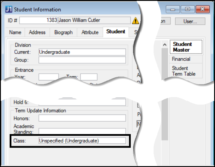 Classification in Desktop on the Student Information window, Student tab, Student Master subtab