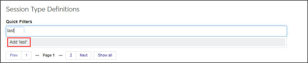 Session Type Definitions page - Quick Filter