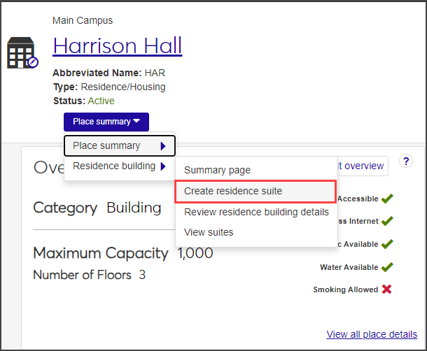 Residence Space - Create residence suite option highlighted
