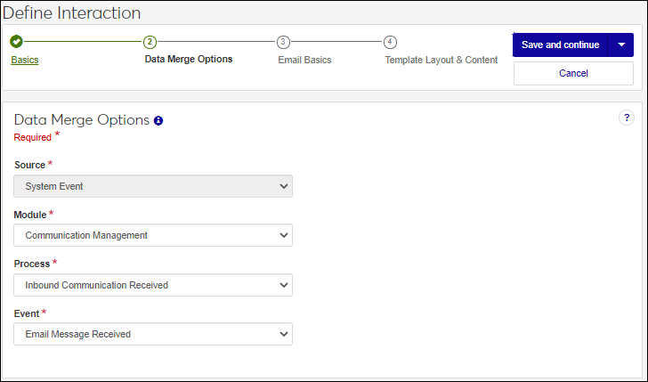 Define Interaction wizard, email data merge options.