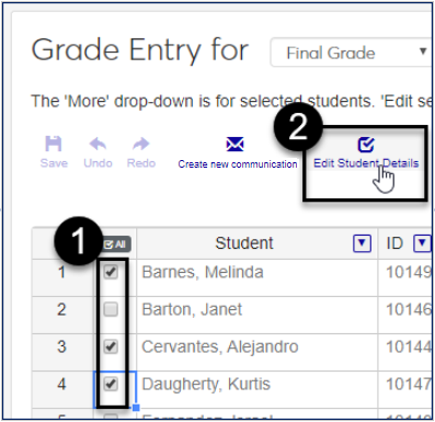 Grade Entry showing several students selected and the 'Edit student details' link being clicked