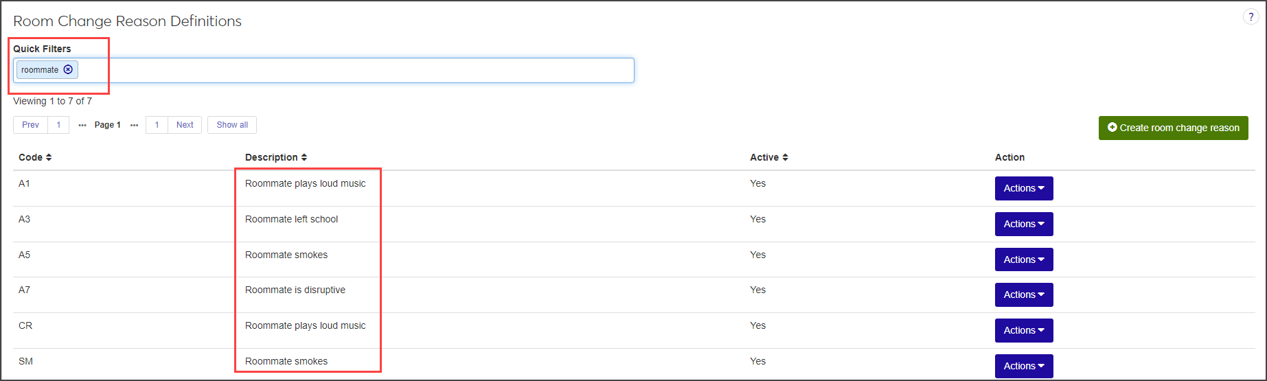 Room Change Reason Definitions page - filter results