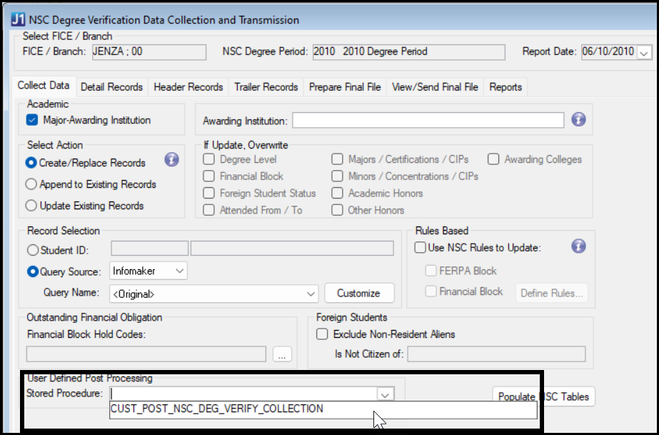 NSC Degree Verification Data Collection and Transmission window, Collect Data tab, showing the Stored Procedure drop-down