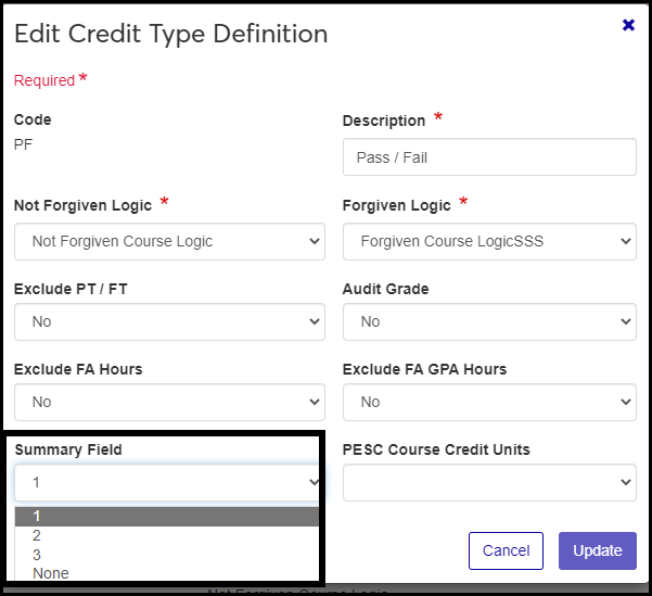Edit Credit Type Definition pop-up showing Summary Field 1 selected for a Pass / Fail credit type