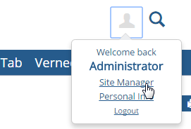 Administrator user profile menu with Site Manager link highlighted.