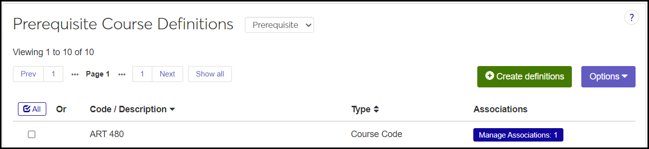 The Prerequisite Course Definitions page showing Art 480 with one associated prerequisite