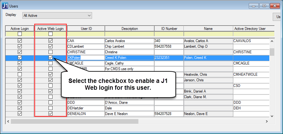 Users window in J1 Desktop showing the Active Web Login checkbox