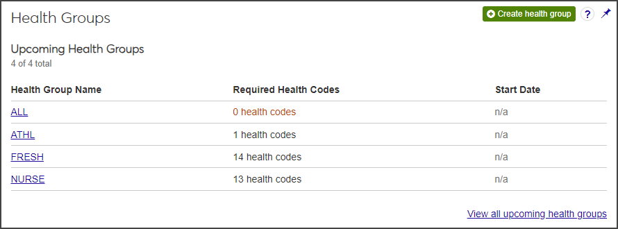 Student Health Administration Hub -- Health Groups block