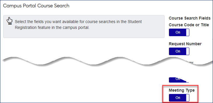 Registration Settings Page, Campus Portal Course Search options showing Meeting Type set to Yes