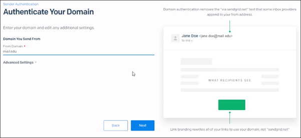 SendGrid setup, select the domain you will send emails from.