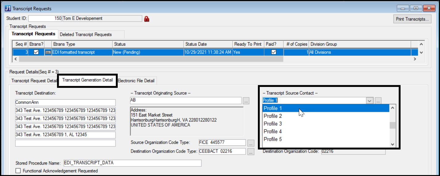 Transcript Requests window in Desktop showing the Transcript Source Contact drop-down