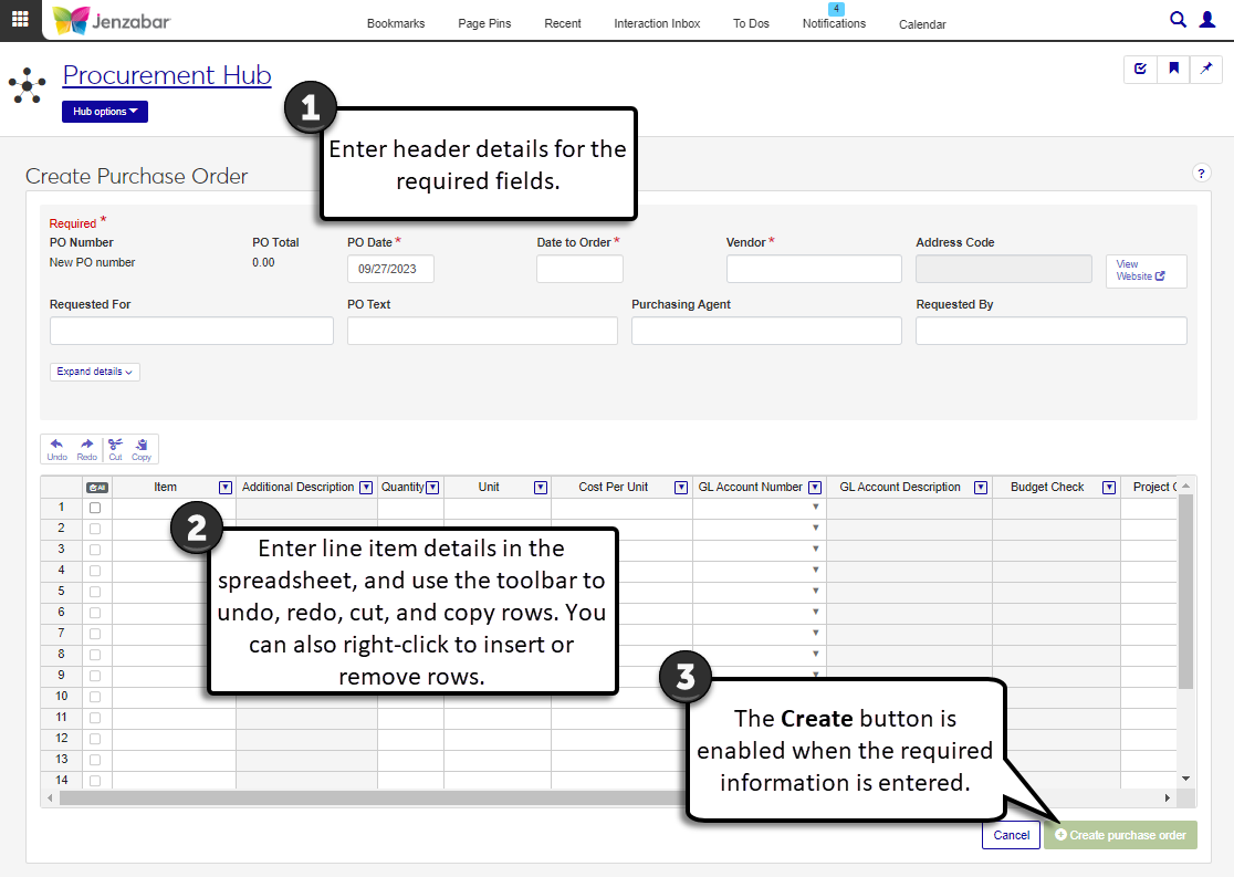 Create Purchase Order page.