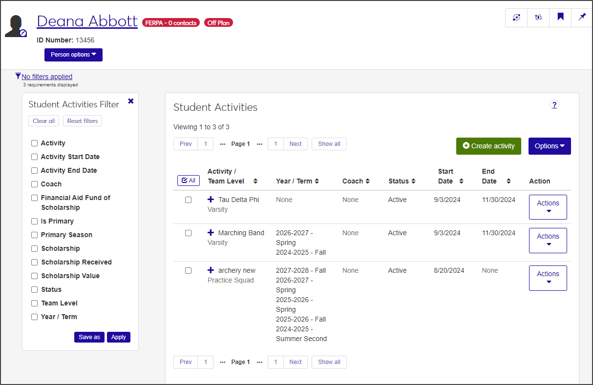 Student Summary page - Student Activities