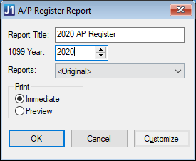 A/P Register Report window.