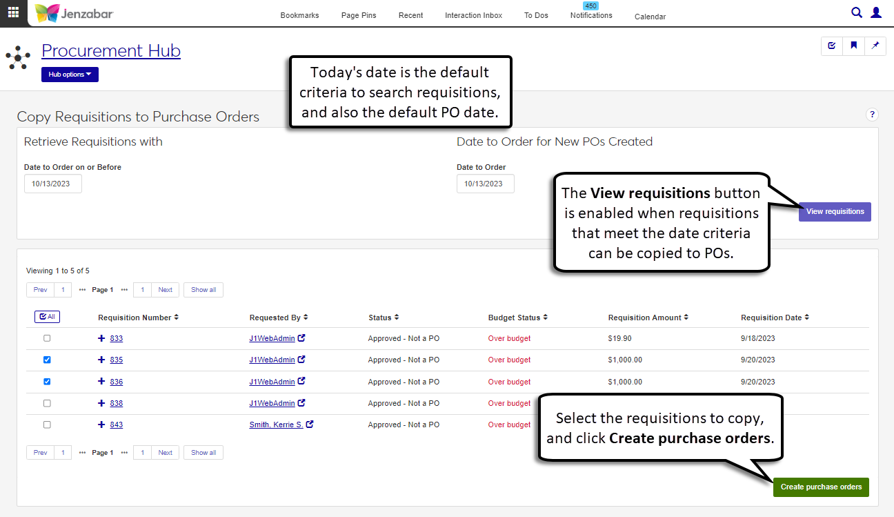 Copy Requisitions to Purchase Orders page.