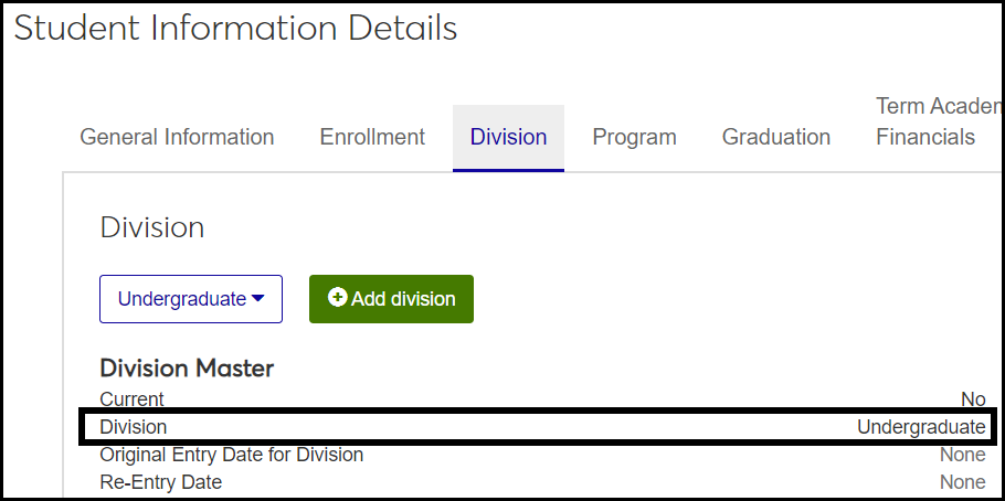 Student Information Details page, Division tab, showing a student with an Undergraduate Division