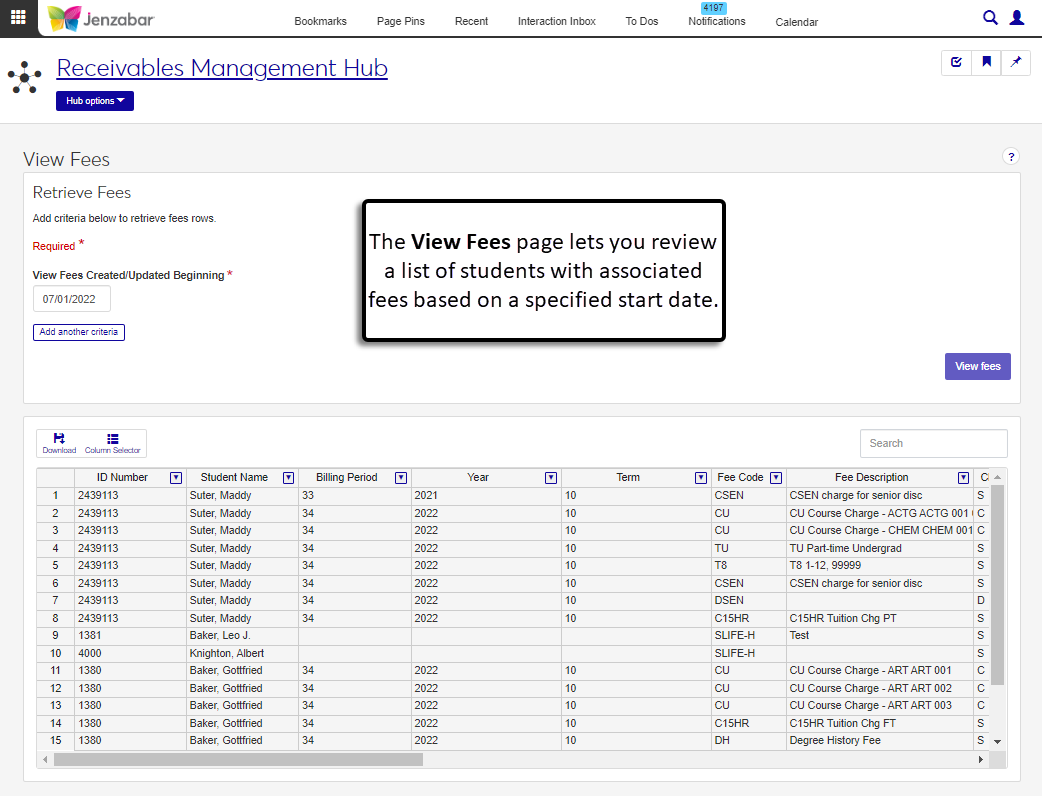 View Fees page.