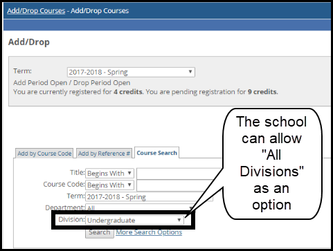 Course Schedules (Add/Drop) feature showing the Course Search with "All Divisions" available on the Division drop-down