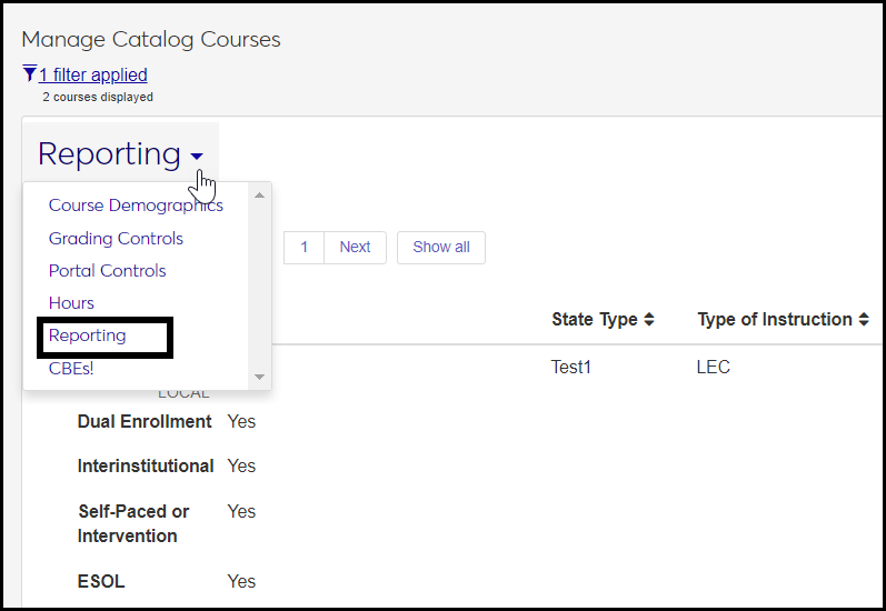 Manage Catalog Courses page showing the title drop-down expanded with the Reporting tab selected