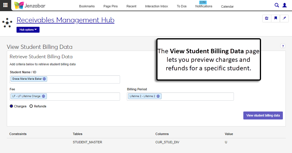 View Student Billing Data page.