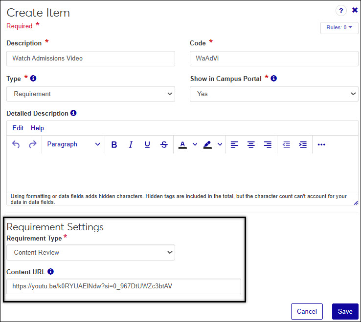 Screenshot of Workflow, Create/Edit Stage Item, Signature requirement, Content Review option selected
