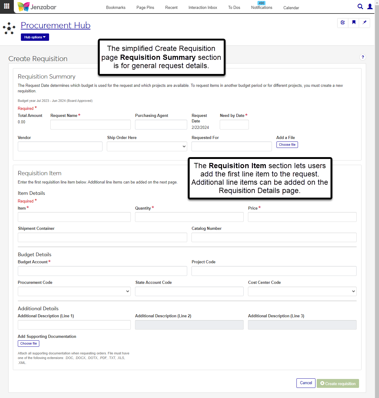 The simplified Create Requisition page, which is accessed from the Orders and Requests page.