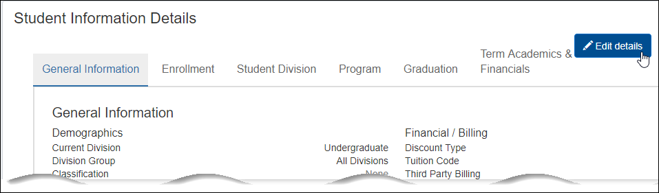 Student Information Details page with the Edit details button highlighted.
