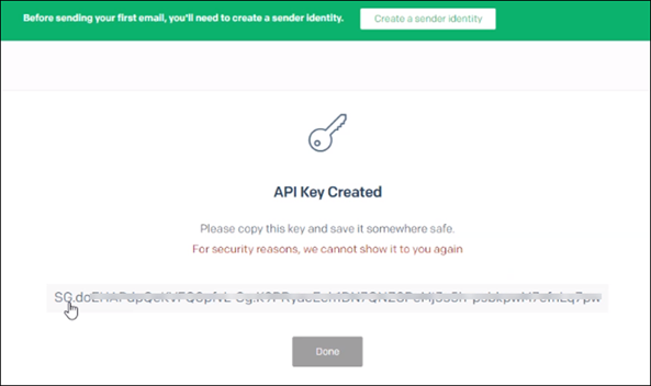 Sendgrid setup, API Key Created page.
