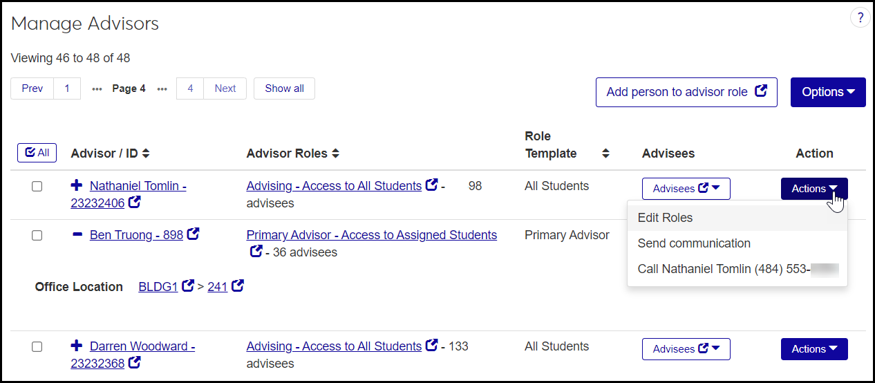 Manage Advisors page with one advisor's information expanded