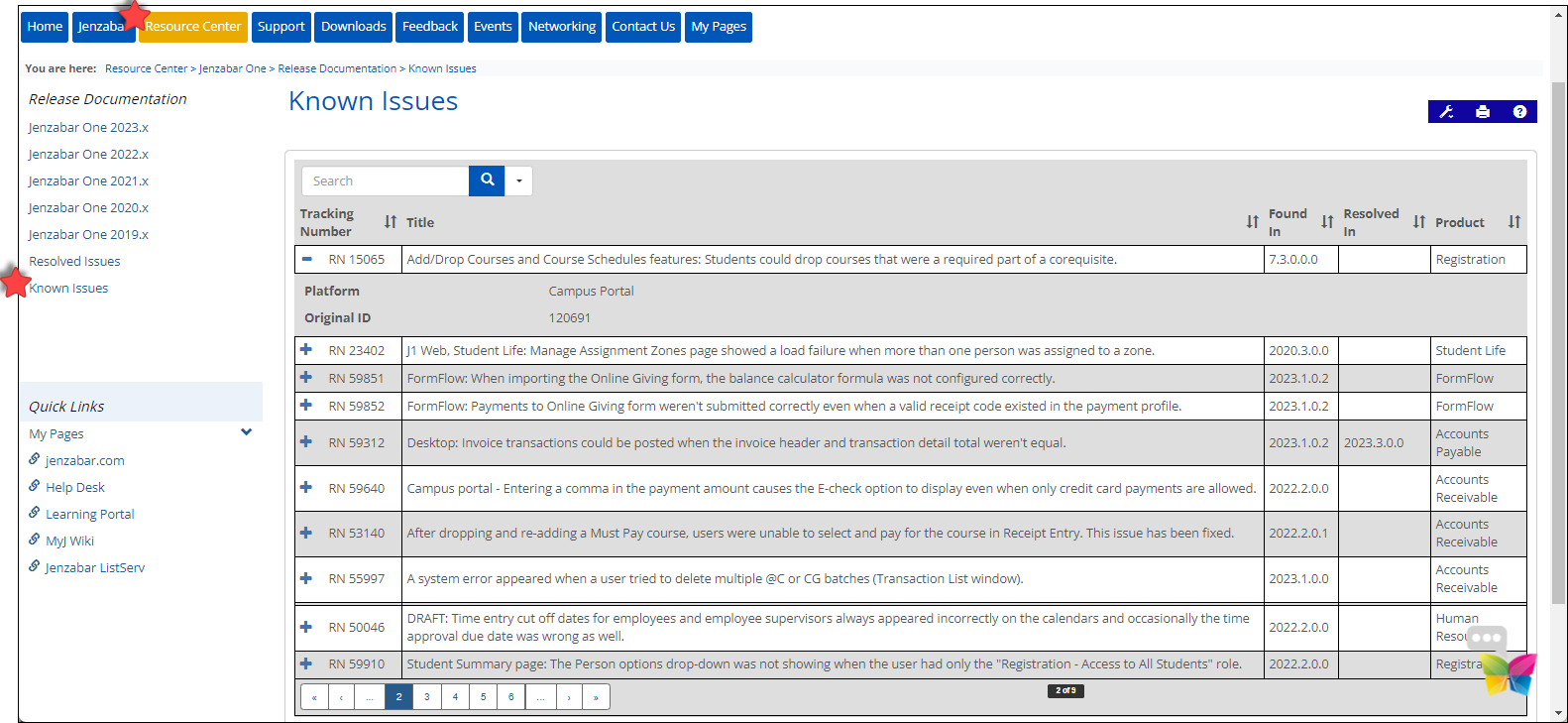 Known Issues query on MyJenzabar.net.