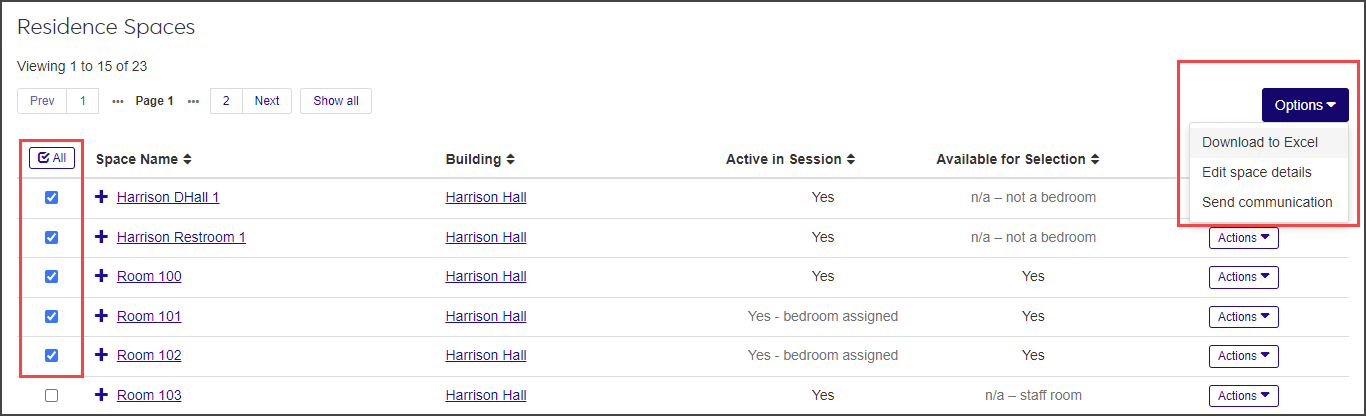 Residence Spaces - options highlighted