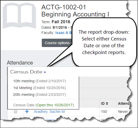 A section's Attendance page showing several report types in the drop-down