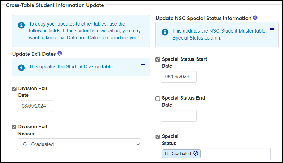 Student Information Details page, Program tab, showing the Cross-Table Student Information Update fields