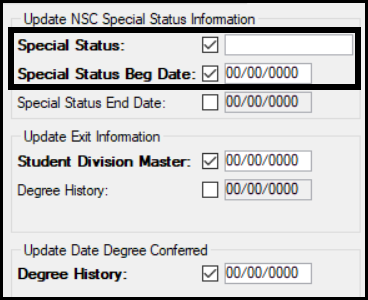 Cross Table Student Information Update window showing a special status being cleared. The Special Status checkbox is selected. The Special Status field is blank. The Special Status Beg Date checkbox is selected, and the date is all zeros.