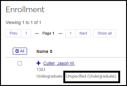 Classification in J1 Web in the Registration Operations hub, Student Enrollment Information page