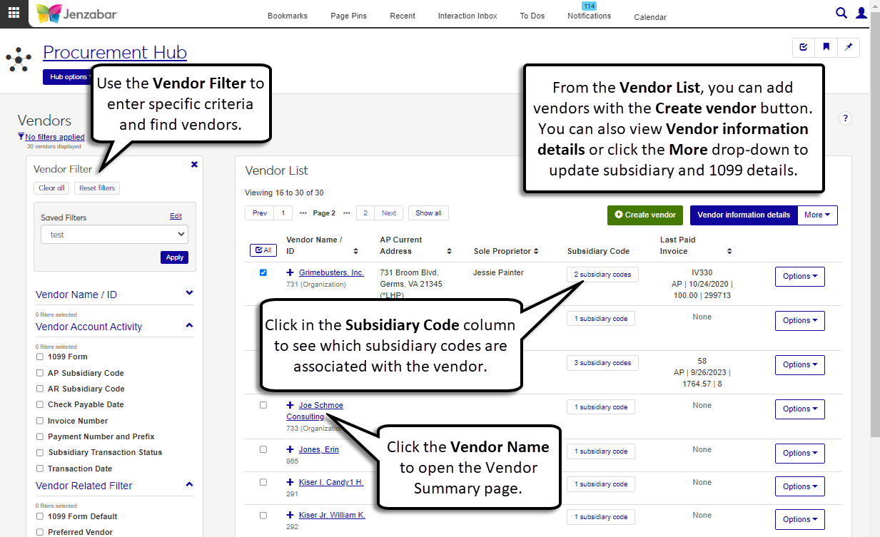 Procurement Hub Vendors List page.