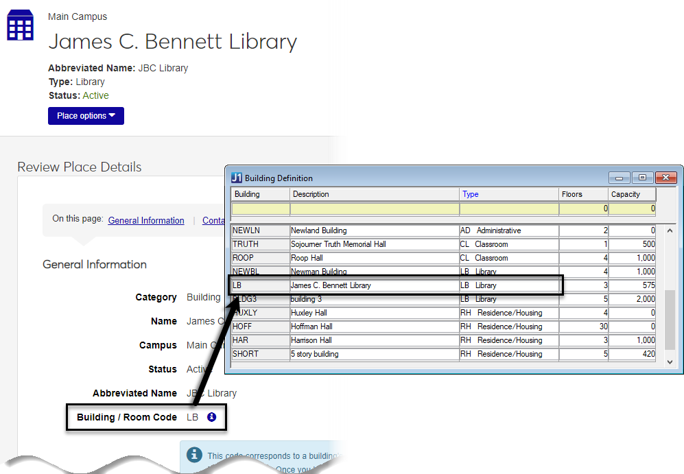 Review Place Details page showing the mapping between J1 Web and J1 Desktop for the Building / Room Code.