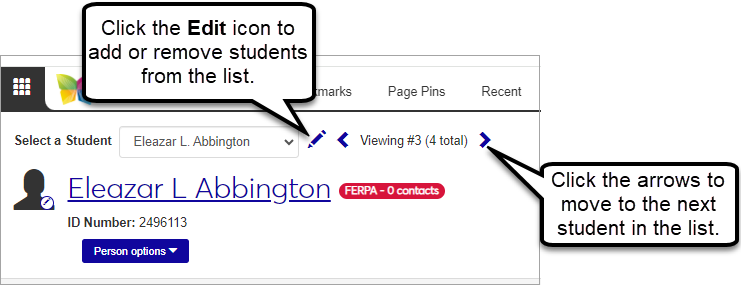 The top of the Student Account Details page with the options to click left or right arrows to view other students' details and to add or remove students from the list.