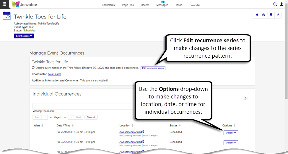 Manage event occurrences page highlighting where you can edit the series details or make changes to individual occurrences.