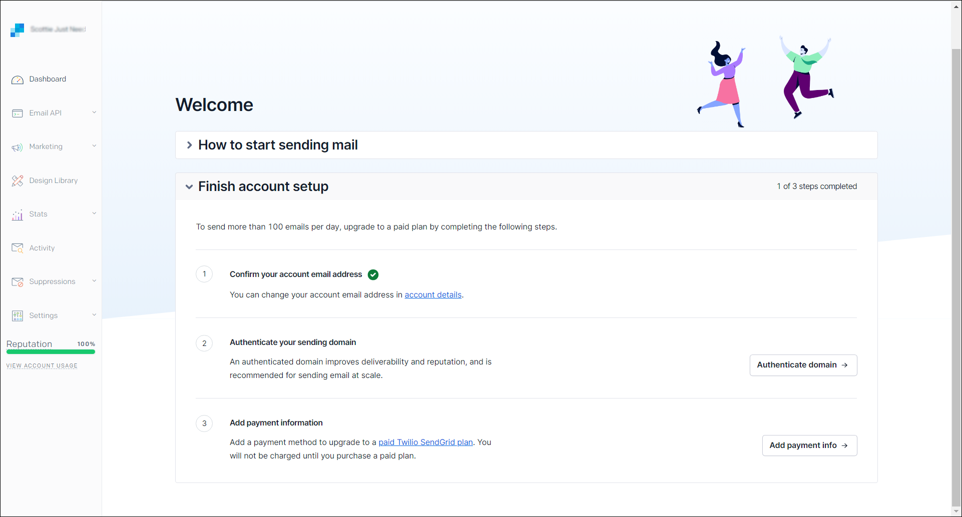 SendGrid Setup Welcome page.