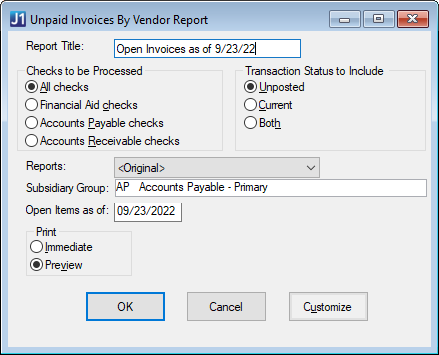 Desktop Unpaid Invoices By Vendor Report window.