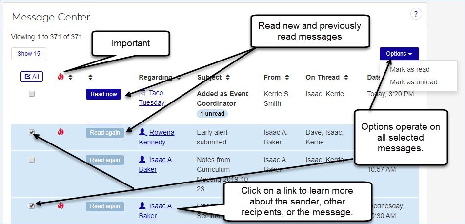 Message Center page with the details about information in each column.