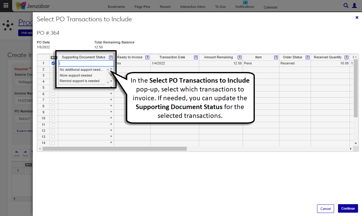 The Select PO Transactions to Include pop-up with the Supporting Documentation Status column options expanded.